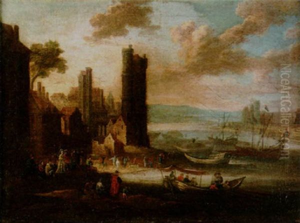 Figures In A Harbour Oil Painting - Mathys Schoevaerdts