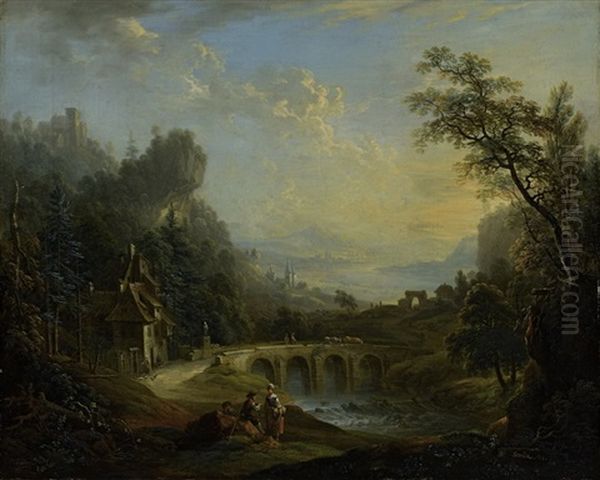 Flusstal Mit Brucke (+ Burg Sowie Mondlandschaft Mit Flussufer; Pair) Oil Painting - Christian Georg Schuetz the Younger