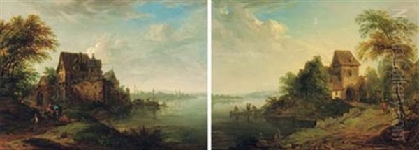 A Wooded River Landscape With A Muleteer And Two Mules On A Track Outside A Hamlet (+ A Wooded River Landscape With Fishermen In Boats And Travellers On A Track; Pair) Oil Painting - Christian Georg Schuetz the Younger