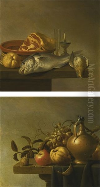 Still Life With A Ham, A Fish And A Candle Arranged On The Edge Of A Tabletop; Still Life With A Ewer And Some Fruit On A Partly-draped Stone Ledge Oil Painting - Pieter van Steenwijck