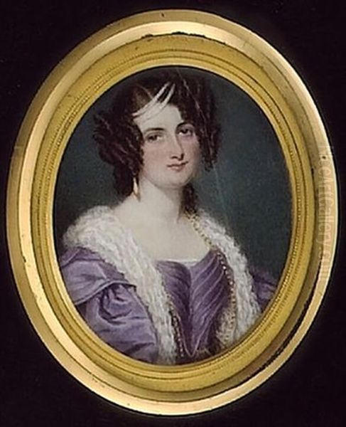 Mrs. Meredit, Wearing Mauve Dress, White Fur Stole, Gold Necklace, Pendant Earrings And Pearls In Her Hair Oil Painting - Samuel John Stump