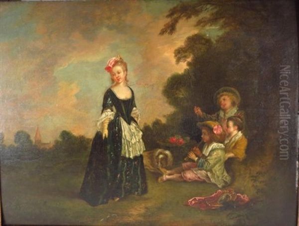 Woman With Three Young Boys And A Dog At Right Oil Painting - Louis Joseph Watteau