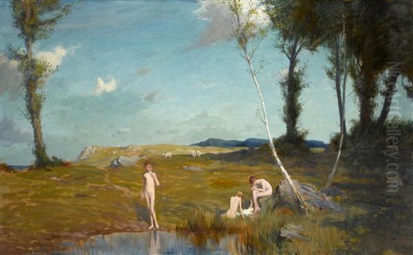 Boys Bathing In A Pond Oil Painting - George Faulkner Wetherbee