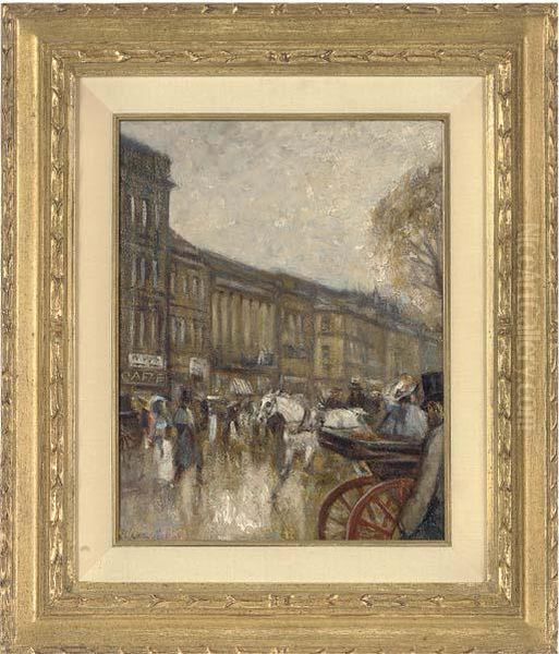 Elegant Figures In A Bustling Street, Paris Oil Painting - Henri Charrier