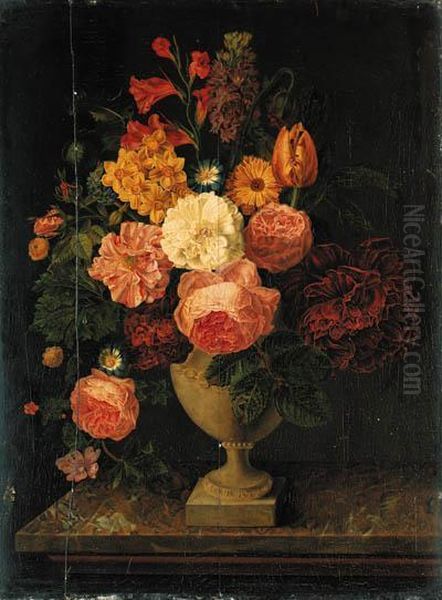 Roses, Narcissi, Morning Glory, A Parrot Tulip, Daisies, Paeoniesand Other Flowers In An Urn On A Marble Topped Ledge Oil Painting - J. Le Roy