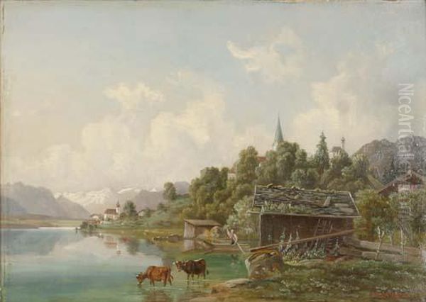 Blick Auf Einen Bergsee Im Vordergrund Kuhe Bei Einer Hutte Oil Painting - Michael Lueger