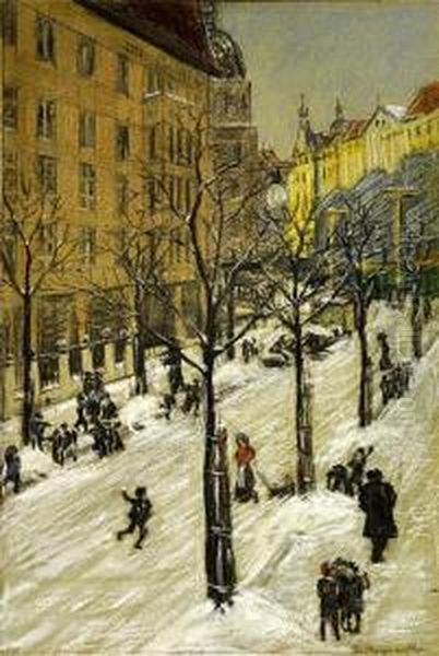 Verschneite Strasenszene In Berlin Oil Painting - Bruno Marquardt