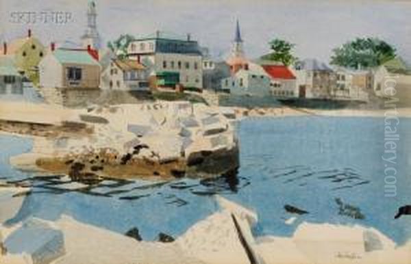 Coastal Landscape/probably Boothbay Harbor, Maine Oil Painting - George Oberteuffer