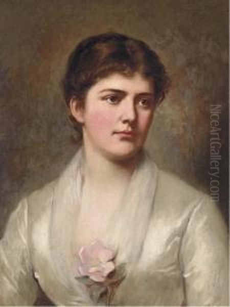 A Young Lady In A White Dress With A Pink Rose Oil Painting - Benjamin Curtis Porter