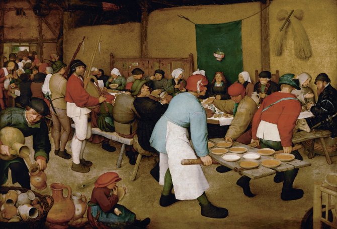 The Peasant Wedding, by Pieter Bruegel the Elder, c. 1567: This painting vividly captures the lively and detailed scene of a rustic wedding feast, highlighting the everyday life and cultural richness of 16th-century Flemish peasantry.