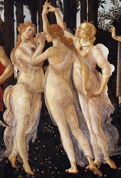 Mercury and the Three Graces on the left side of the painting, symbolizing youth and joy.