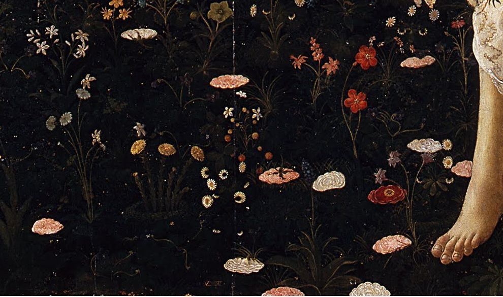 Detailed flowers in the background of the painting, symbolizing the prosperity and vitality of spring.