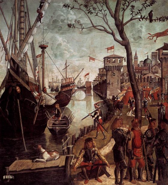 Vittore Carpaccio's work, such as "The Arrival of St. Ursula," depicting his narrative paintings for the Scuole Piccoli.