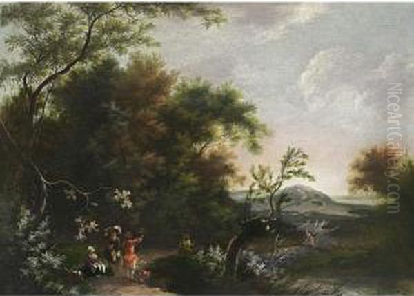 A Wooded Landscape With Travellers Resting And Conversing On A Path, Hills Beyond by Jan Iii Snellinck