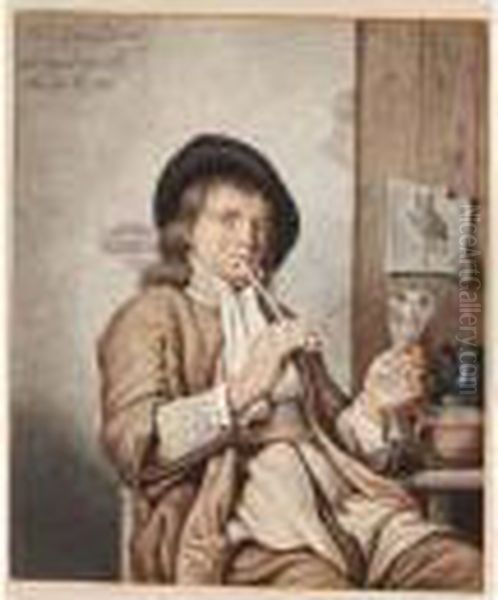 A Three-quarter Length Portrait Of The Artist Heyman Dullaert, Seated, Smoking And Holding A Glass In His Left Hand by Jan Stolker