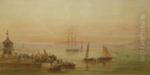 Busy Harbour Scene With Figures And Boats by Thomas Sunderland