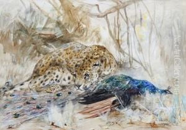 Leopard And Peacock by Cuthbert Edmund Swan