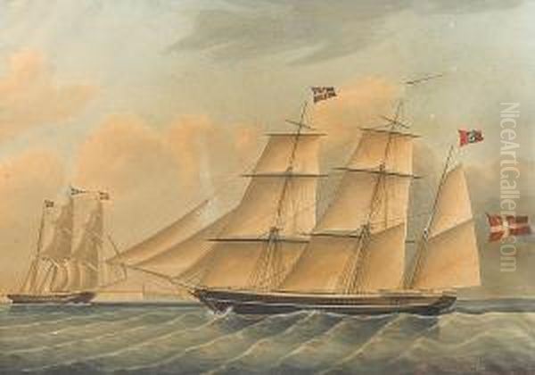 The Barque Caroline Smith Of Alborg, Two Views Off A Coastline by Dirk Antoon, Teupken Jr.