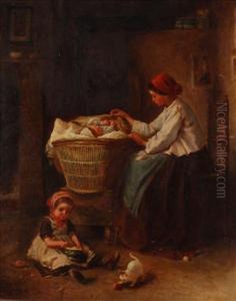 A Mother Andher Children In A Cottage Interior by James Crawford Thom