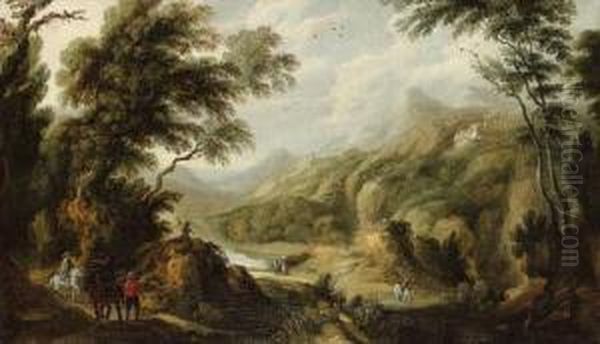 Mounted Travellers And Peasants In An Extensive Woodedlandscape by Johannes Tilens