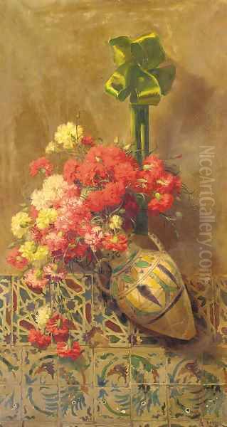 Red and white carnations in a ceramic vase by Aurelio Tolosa Alsina