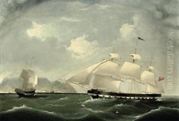 An East Indiaman In Two Positions In Table Bay Heading Into Capetown by I. Tudgay