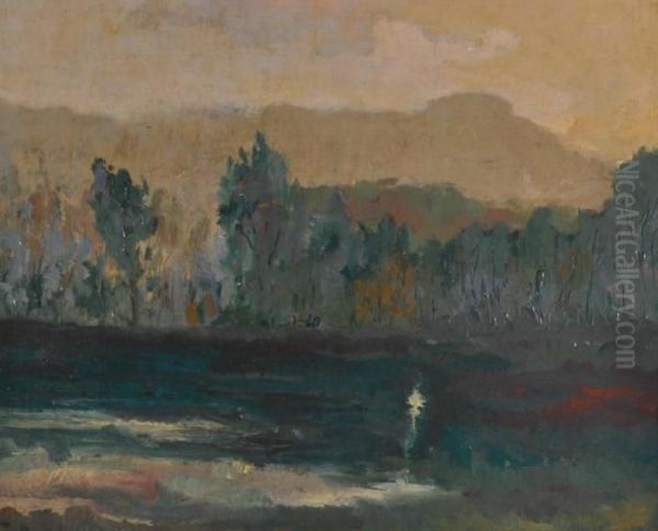 A Tree-lined Mountainous French Landscape At Dusk by John Henry Twachtman