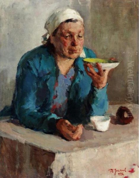 Drinking Tea, With A Portrait Of A Bearded Man On Reverse by Nikolai Pavlovich Ulianov