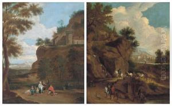 A Mountainous Landscape With Figures Conversing On A Track, Avillage Beyond by Jan Frans I Van Bredael