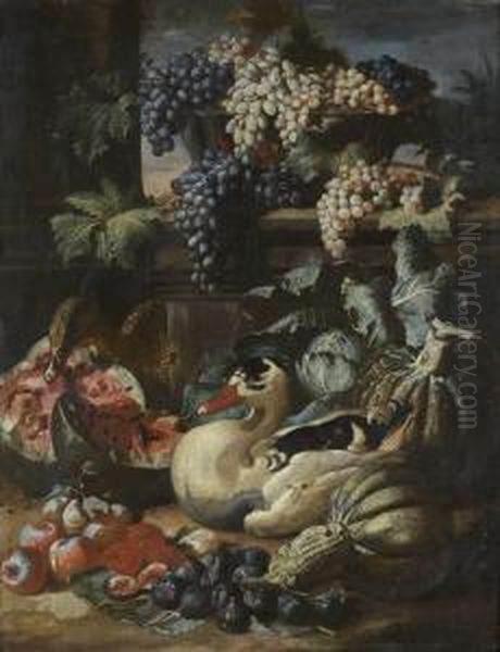 Canards Au Milieu De Pasteques, Pommes, Figues Et Panier De Raisins Et Crustaces, Panier De Poissons Et Cornet De Fraises Disposes Sur Un Entablement by Jacob van der (Giacomo da Castello) Kerckhoven