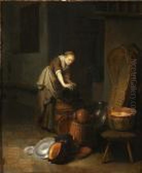 Interior With Young Woman Scouring A Pot by Pieter Van Den Bosch