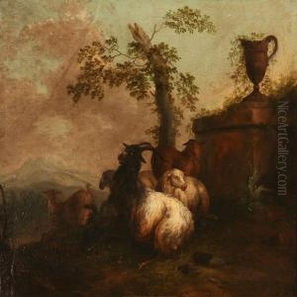 Landscape With Goats By A Classical Monument by Simon van der Does