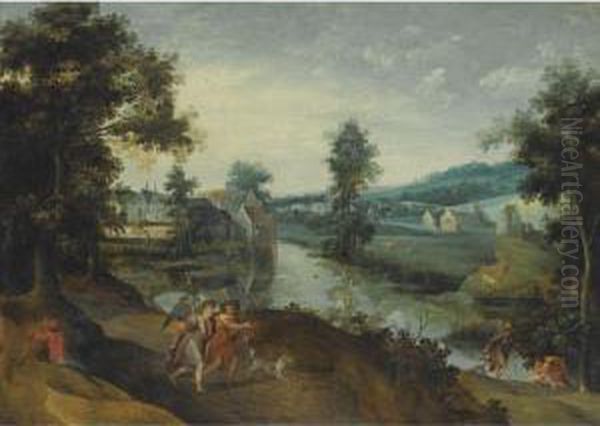 A Wooded Landscape With Scenes From The Story Of Tobias And The Angel by Claes Dircksz. Van Der Heck