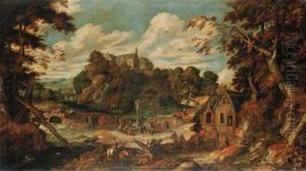 An Extensive Wooded Landscape With Pilgrims Worshipping Amiraculous Crucifix, A Friar Giving Religious Succour To A Peasantwoman, Friars Receiving Greetings From A Cardinal, And A Monasteryon A Hilltop Beyond by Peter Van Der Hulst Iv