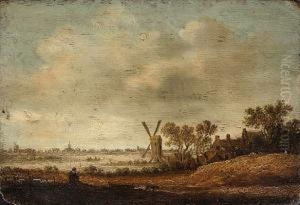 An Extensive River Landscape With A Windmill And Houses In The Foreground by Maerten Fransz. Van Der Hulft