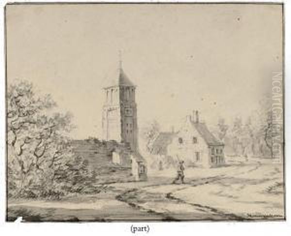 Travellers On A Path Near A Church And Farmhouse by Jacob Van Kouvenhoven