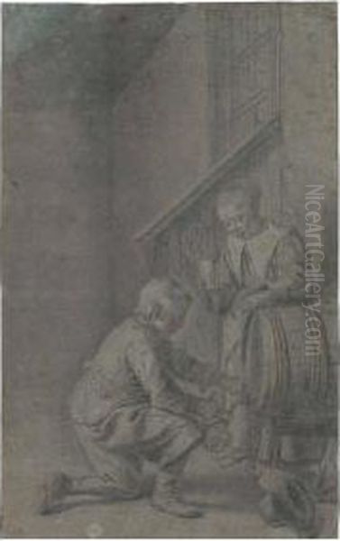 A Boy And Girl Drawing Wine From A Barrel by Pieter Cornelisz. van SLINGELANDT