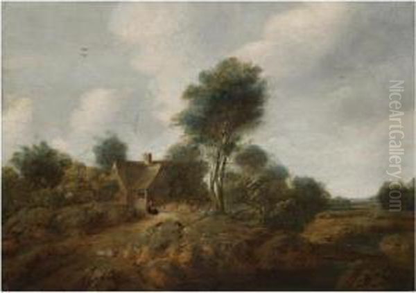 A Wooded Landscape With Figures Before A Cottage by Cornelis van Zwieten