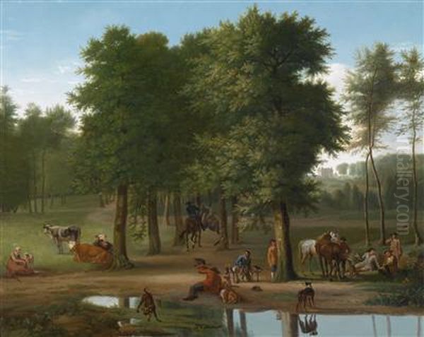 Landscape With A Hunting Party Resting Before A Castle by Jan Peeter Verdussen