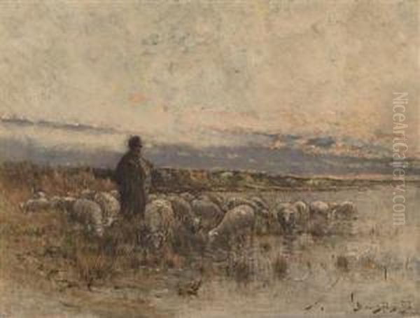 Shepherds And Herd At Dusk by Bela Von Spanyi