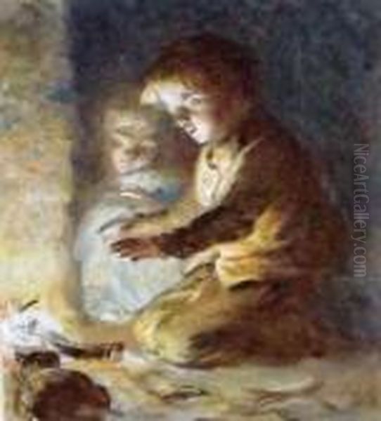 Children And Cat By A Fireside by John Dawson Watson