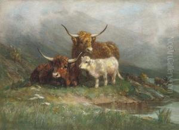 Highland Cattle And A Calf Beside A Loch by William R.C. Watson