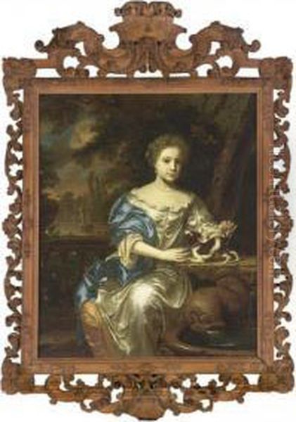 A Portrait Of A Young Lady, Said To Be Maria Simonides Van Nijs, Seated Three-quarter Length, Wearing A White Satin Dress With Orange Satin Lining And A Blue Satin Shawl With Pearl Jewellery, Together With A Dog On A Table Near A Fountain, A View Of A Gar by Mattheus Wytmans