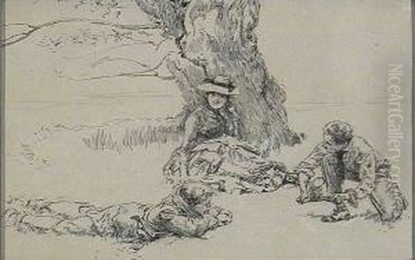 Illustration: Three People Relaxing Beneath Large Tree. by Edwin Austin Abbey