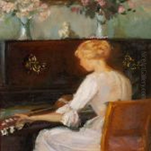 A Young Woman Playing Guitar In Front Of A Piano by Anna Ancher