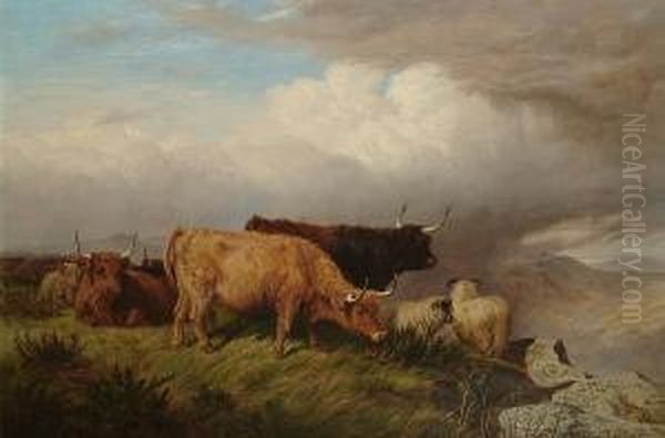 Highland Cattle And Sheep In A Landscape by James Walsham Baldock