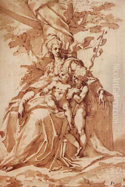 The Madonna and Child seated against a huge tree, with St. John the Baptist by Jacopo Bertoia