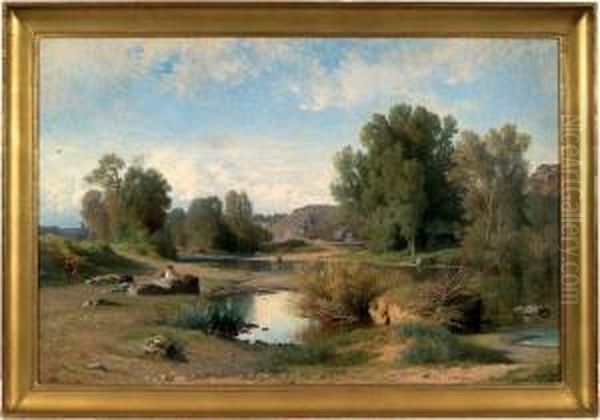 Le Bord De L'aumance, Pres Herisson (allier) by Jean Achille Benouville