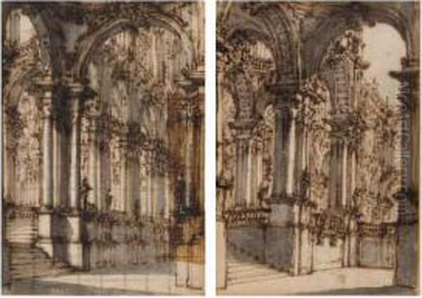 Pair Of Fantastical Views Of Arched Cloisters by Ferdinando Galli Bibiena