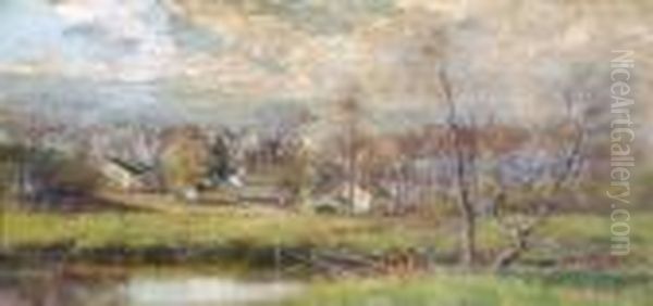 Houses By A Stream In An Autumn Landscape by Olive Parker Black